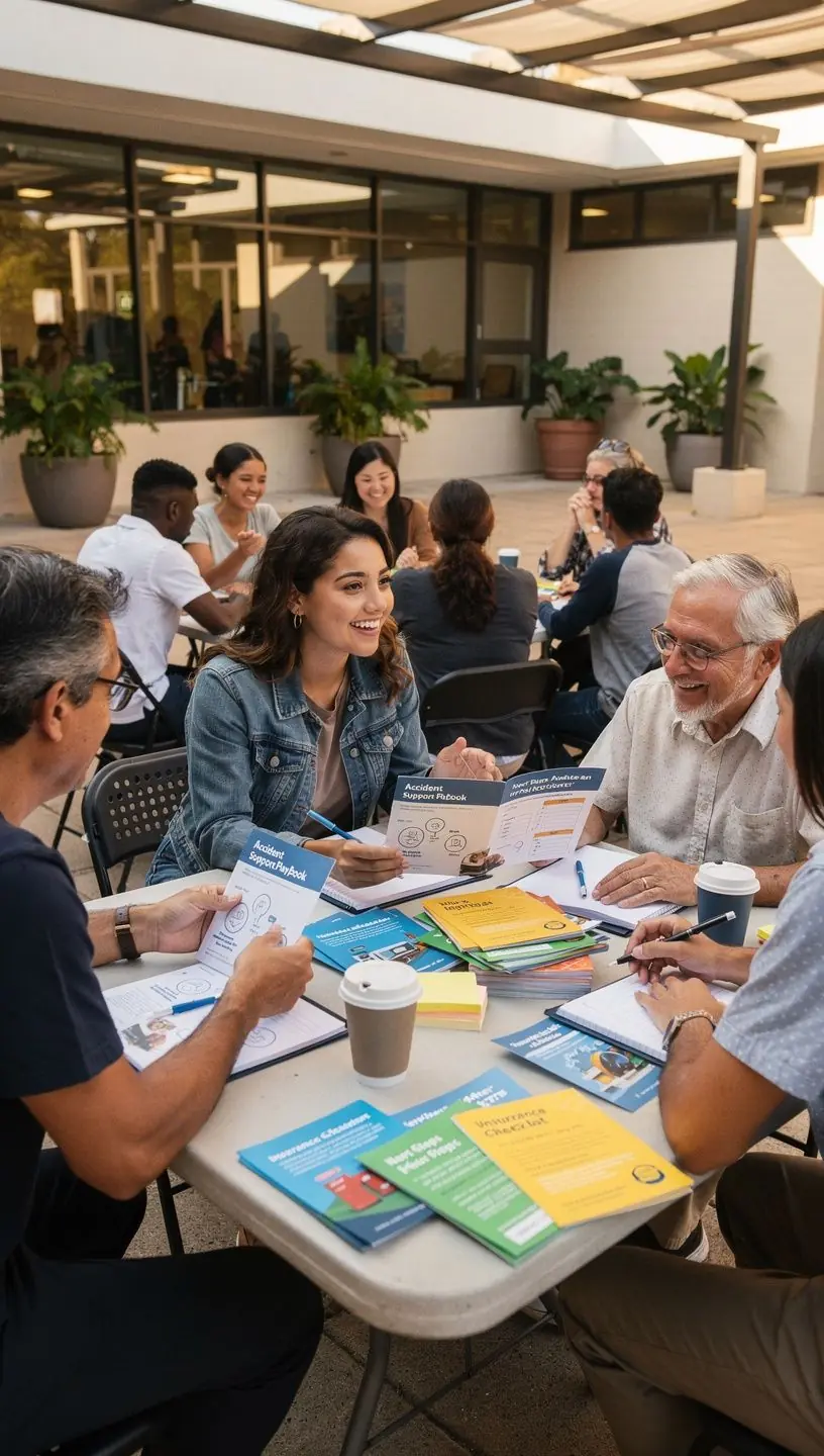 Plansza z krokami wsparcia po wypadku, przedstawiająca niezbędne działania.