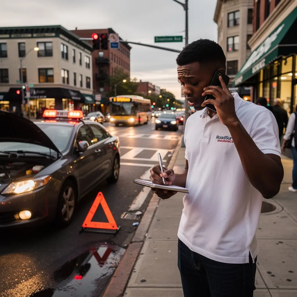 Ilustracja przedstawiająca proces wsparcia po wypadku, z krokami do podjęcia w trudnej sytuacji.